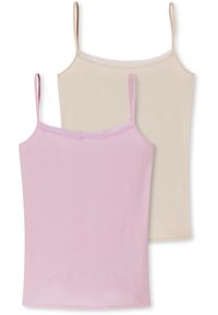 Two adjustable spaghetti strap camisoles, one pink and one beige, made from soft fabric with lace trim along the neckline.