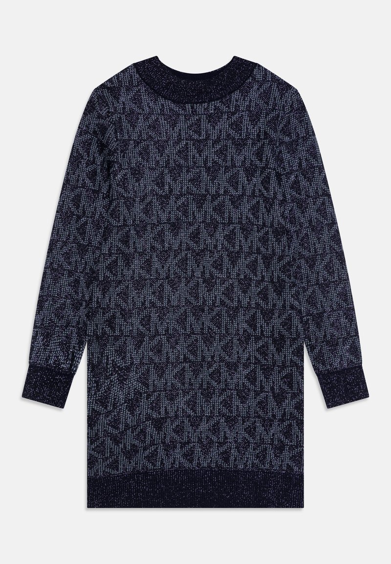 Robe pull en maille bleu foncé à manches longues avec motif monogramme tissé répétitif sur l'ensemble et col, poignets et ourlet côtelés.