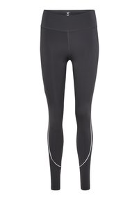 Czarne legginsy wykonane z elastycznego materiału, z wysokim pasem, płaskimi szwami i białymi dodatkami po bokach dla dodatkowego efektu.