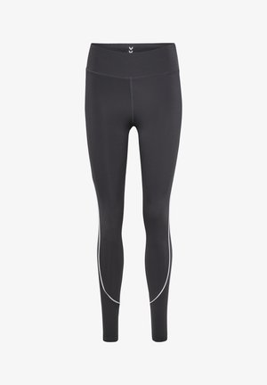 Zwarte leggings van rekbaar materiaal, met een hoge tailleband, platte naden en witte accenten langs de zijkanten voor extra detail.