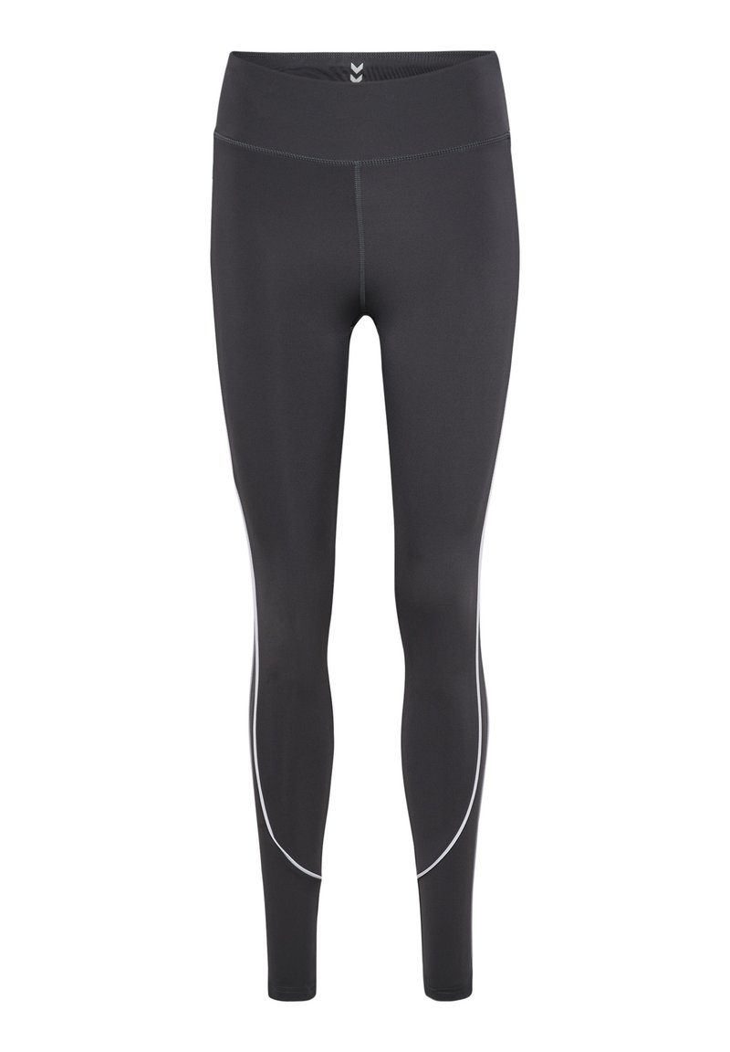 Czarne legginsy wykonane z elastycznego materiału, z wysokim pasem, płaskimi szwami i białymi dodatkami po bokach dla dodatkowego efektu.