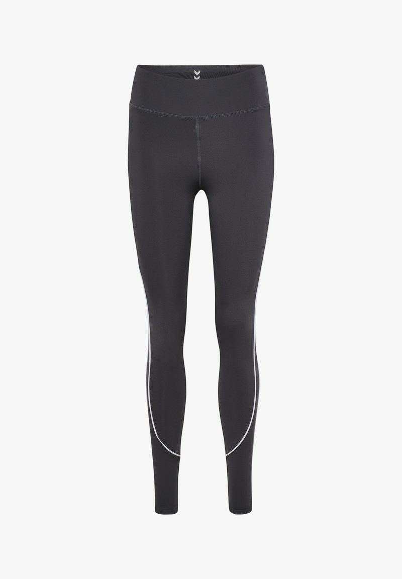 Czarne legginsy wykonane z elastycznego materiału, z wysokim pasem, płaskimi szwami i białymi dodatkami po bokach dla dodatkowego efektu.