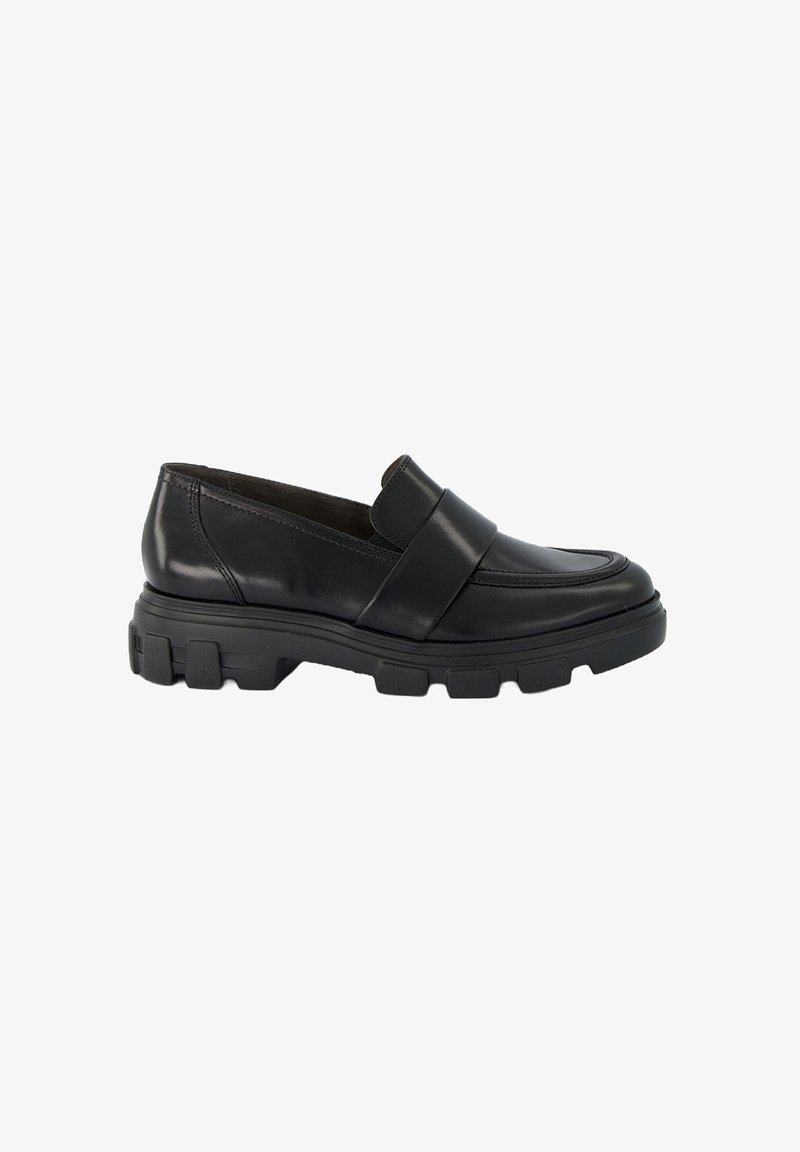 Mocassins en cuir noir avec un bout arrondi, une large sangle sur le devant et une semelle en caoutchouc épaisse dotée de détails de semelle prononcés.