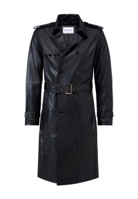 Black leather double-breasted trench coat with belted waist, epaulets, buttoned cuffs, and label "RICANO" inside collar.