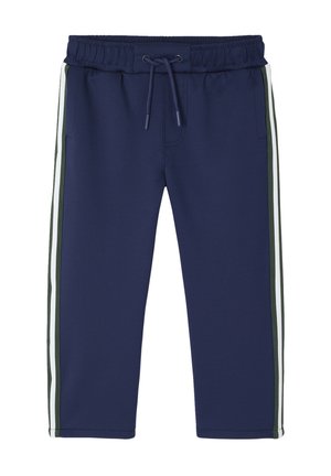 Marineblaue Sporthose mit elastischem Bund und Kordelzug, ausgestattet mit grünen und weißen Seitenstreifen sowie Fronttaschen.