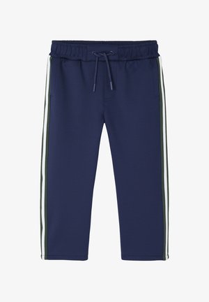 Navy blue athletic pants with elastic waistband and drawstring, featuring green and white side stripes and front pockets.