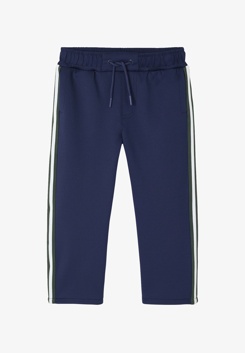 Navy blue athletic pants with elastic waistband and drawstring, featuring green and white side stripes and front pockets.