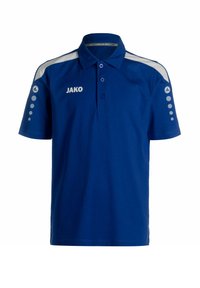 Blaues Poloshirt mit Kragen, Knopfleiste und kontrastierenden weißen Akzenten an den Schultern. Mit "JAKO"-Logo und gepunktetem Design an den Ärmeln.