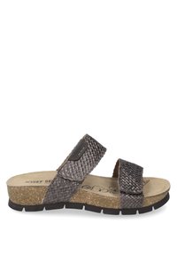 Braune, geflochtene Rutschsandale mit zwei verstellbaren Riemen, Korkfußbett, strukturiertem Außensohle und Logodetail am Riemen. Flaches Design für optimalen Komfort.