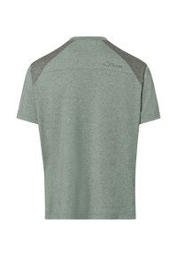 Camicia a maniche corte in tessuto verde chiaro con accenti grigi sulle spalle, caratterizzata da un logo montano sottile e un design posteriore semplice.
