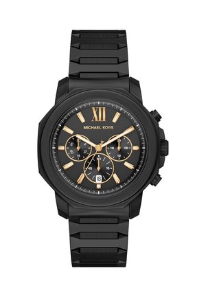 Montre chronographe noire avec accents dorés, boîtier noir octogonal, bracelet en silicone texturé, et cadran noir présentant des chiffres romains et des sous-cadrans.