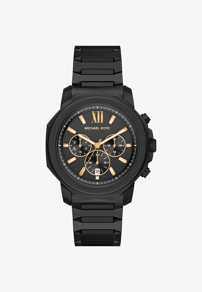 Czarny zegarek chronograf z złotymi akcentami, ośmiokątną czarną kopertą, teksturowanym silikonowym paskiem oraz czarną tarczą z rzymskimi cyframi i subtarczami.