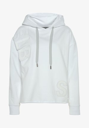 White cotton hoodie with a drawstring hood, featuring large embroidered letters "ELB" and "S" in a subtle, textured design.
