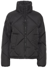 Veste doudoune noire avec col haut et fermeture éclair à l'avant. Présente un matelassage en losanges et des poches latérales. Fabriquée en matériau lisse et isolant.