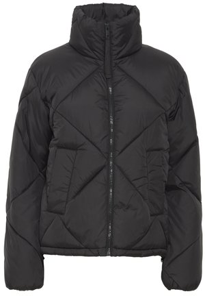 Schwarze Daunenjacke mit hohem Kragen und Frontreißverschluss. Verfügt über eine Rautensteppung und seitliche Taschen. Hergestellt aus glattem, isolierendem Material.