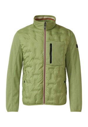 Hellgrüne gesteppte Jacke mit durchgehendem Frontreißverschluss, hohem Kragen, Stoffärmeln und einer Brusttasche mit vertikalem schwarzem Reißverschluss.