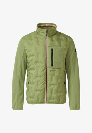 Hellgrüne gesteppte Jacke mit durchgehendem Frontreißverschluss, hohem Kragen, Stoffärmeln und einer Brusttasche mit vertikalem schwarzem Reißverschluss.