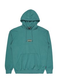 Turquoise hoodie made from soft fabric, featuring a front pocket, adjustable drawstring hood, and a logo detail on the chest.