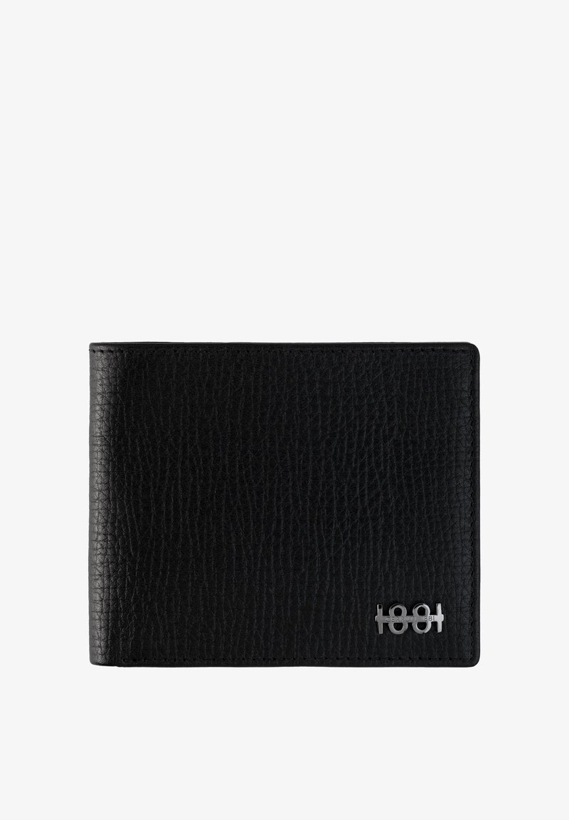 Cartera de cuero negro texturizado con el logo metálico plateado "1881" en la esquina inferior derecha, mostrada cerrada sobre un fondo blanco.