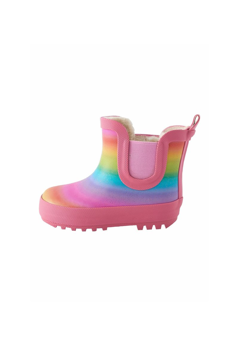 Rosa vattentålig gummistövlar med en gradient regnbågsdesign, mjukt foder av päls och en texturerad sula för bra grepp. Utrustad med dragband för enkel påtagning.