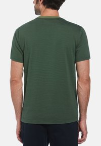 Groen T-shirt met korte mouwen en een gestreepte textuur, met een ronde halslijn. Heeft een effen groene afwerking aan de kraag.