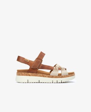 Bruine leren sandalen met een kurk en witte zool, voorzien van een brede band en een gevlochten ontwerp aan de voorkant. Verstelbare band voor een goede pasvorm.