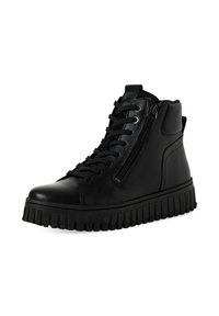 Crne visoke tenisice izrađene od glatke kože, s prednjim vezanjem, bočnim patentnim zatvaračem i debelim, rebrastim gumenim potplatom.