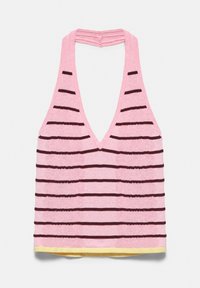 Top en maille rose sans manches avec un décolleté en V profond et des rayures horizontales marron foncé, finition avec un ourlet jaune en bas.