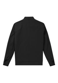 Giacca nera con colletto alto, maniche lunghe e polsini con bottoni. Texture liscia con un design posteriore minimalista, senza motivi visibili.