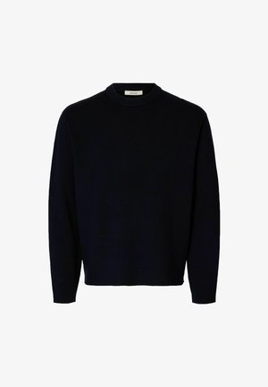 Navy modra pulover iz pletenine s okroglim izrezom in dolgimi rokavi, ki ima sproščen kroj in rebraste manšete. Gladka tekstura, minimalno okrasje.