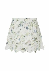 Gonna con stampa floreale realizzata in un materiale bianco e con texture, con orlo a scallop e design a strati. I colori includono verde, blu e rosa.