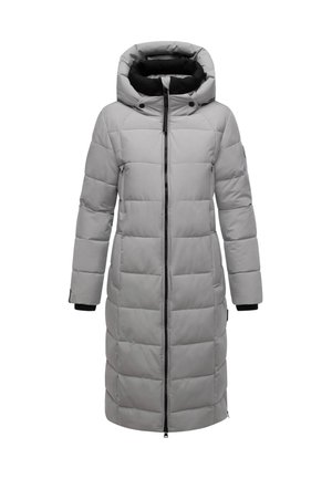 Palton pufos lung, gri, cu glugă, având panouri cusute, fermoar frontal și accente negre la mâneci și guler.