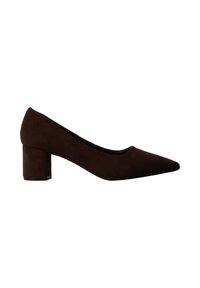 Escarpin femme en daim marron foncé à petit talon bloc, bout pointu et dos fermé, vu de profil.