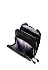 Black leather wallet with multiple compartments, silver zippers, and a light purple zigzag pattern lining. Features distinct card slots.