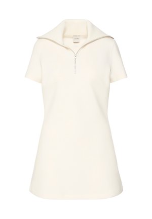 Korte mouw crème polo jurk met ritssluiting bij de kraag, licht uitlopende zoom en subtiel Calvin Klein-logo op de borst.