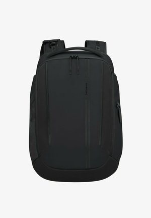 Schwarzer Samsonite-Rucksack mit gepolsterten Schultergurten, Tragegriff oben, vertikalen Reißverschlussdetails vorne und doppeltem Reißverschlussverschluss am Hauptfach.