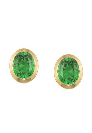 Paar Ohrstecker aus Gold mit großen, oval geschliffenen, leuchtend grünen Edelsteinen, gefasst in Vier-Krappen-Fassungen.