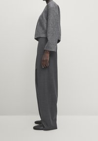 Persoon in een grijze cropped jas, brede donkere grijze broek en zwarte schoenen, staand tegen een effen lichte achtergrond.