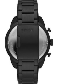 Fossil-Uhr mit einem mattschwarzen Edelstahlarmband, rundem Gehäuse und einem silberfarbenen Gehäuseboden. Zu den Merkmalen gehören Druckknöpfe und eine Faltschließe.
