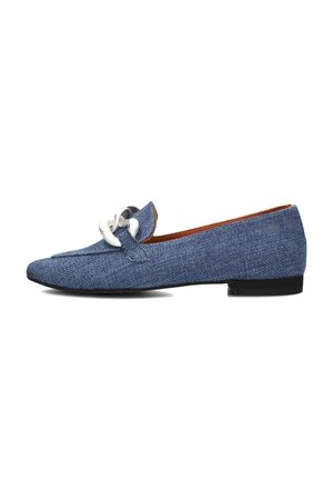 Blue textile slip-on shoe with pointed toe, decorative white loop detail, and flat black outsole. Textured fabric covering.