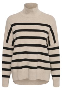 Pull beige à col roulé avec des rayures horizontales noires, des épaules tombantes et une coupe décontractée. Texture douce, tissu tricoté de poids moyen.