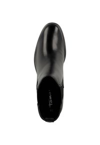 Bota de tobillo de cuero negro con un acabado suave, paneles laterales elásticos y una puntera redondeada, con una suela lisa y una marca interior.