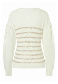 Weißer Strickpullover mit puffigen Ärmeln und horizontalen goldenen Paillettenstreifen. Mit gerippten Bündchen und Ausschnitt, strukturiertem Stoff.