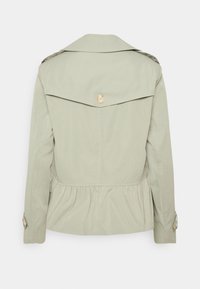 Lichtgroene trenchcoat met een peplumontwerp, grote kraag en een knoopdetail aan de achterkant. Heeft lange mouwen en een gladde stoffen textuur.