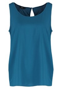 Haut bleu sans manches, tissu lisse, encolure ronde, dos avec ouverture en goutte d'eau, coupe ample, ourlet droit, sans motifs ni ornements.