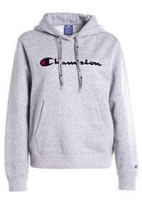 Sudadera con capucha gris hecha de una mezcla de algodón, con un bolsillo canguro frontal, cordones y logo bordado de "Champion".