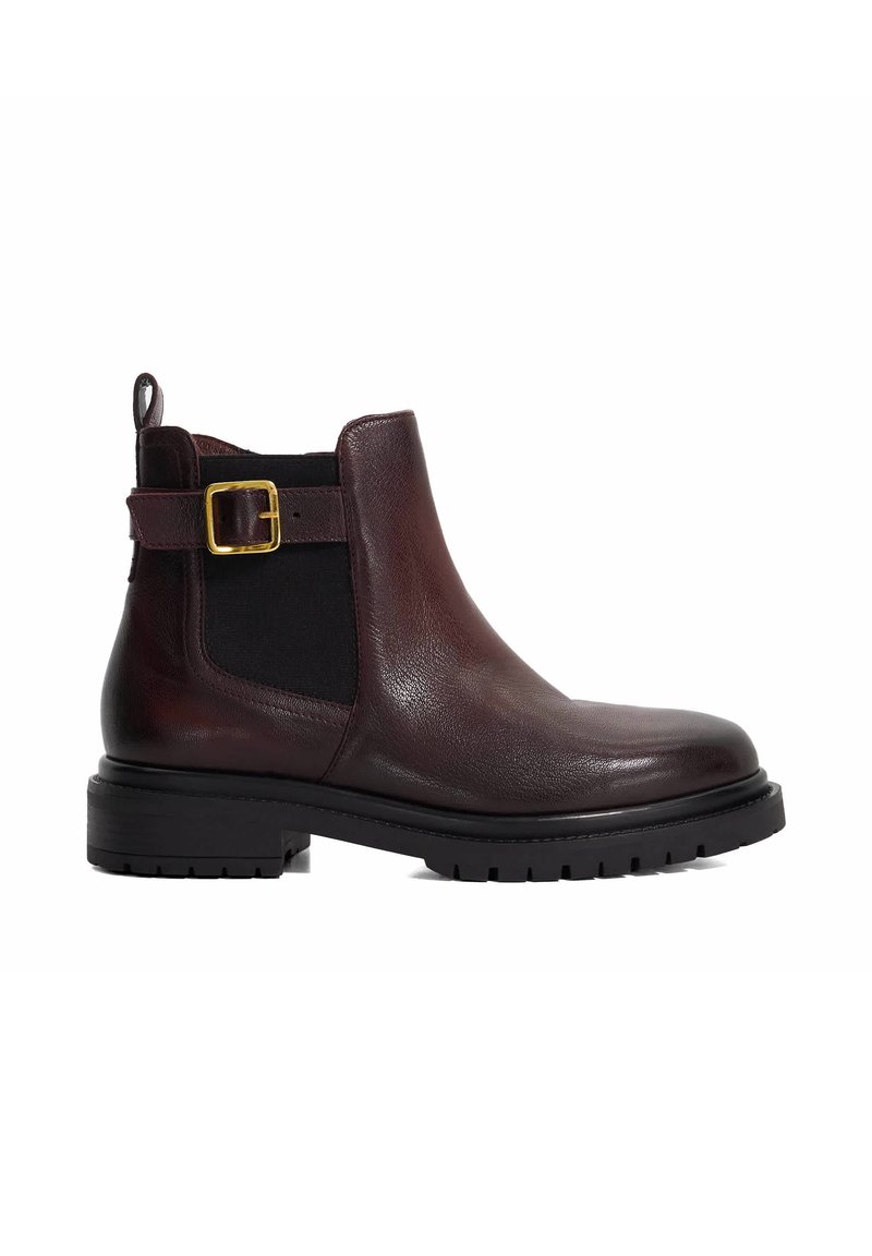 Brown leather ankle boot with elastic side panels, buckle detail, and textured rubber sole. Smooth finish with rounded toe design.