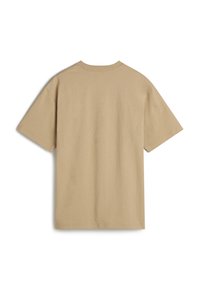 Beige cotton t-shirt with short sleeves, a round neckline, and a smooth texture. The back is plain with no additional details or patterns.