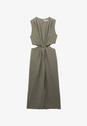 Whimsical olive-green dress with a textured fabric, featuring a defined waist with a circular belt and cut-out side details.