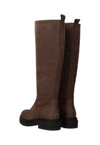 Bruine kniehoge laarzen met een gladde afwerking, rubberen zool en minimaal stiksel. Recht design met contrasterende nadenaccenten.